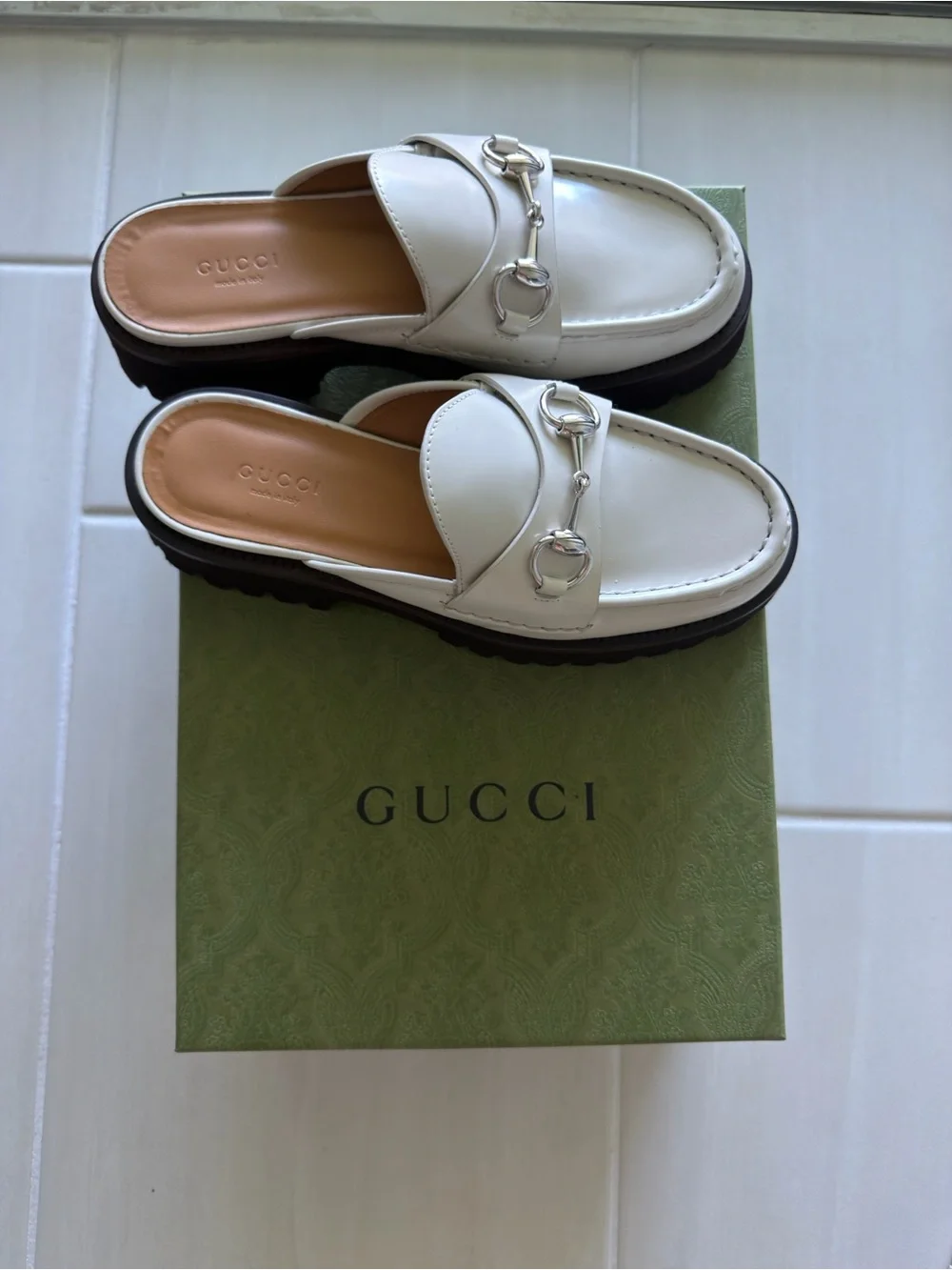 Gucci Cream Leather Horsebit Backless Loafers